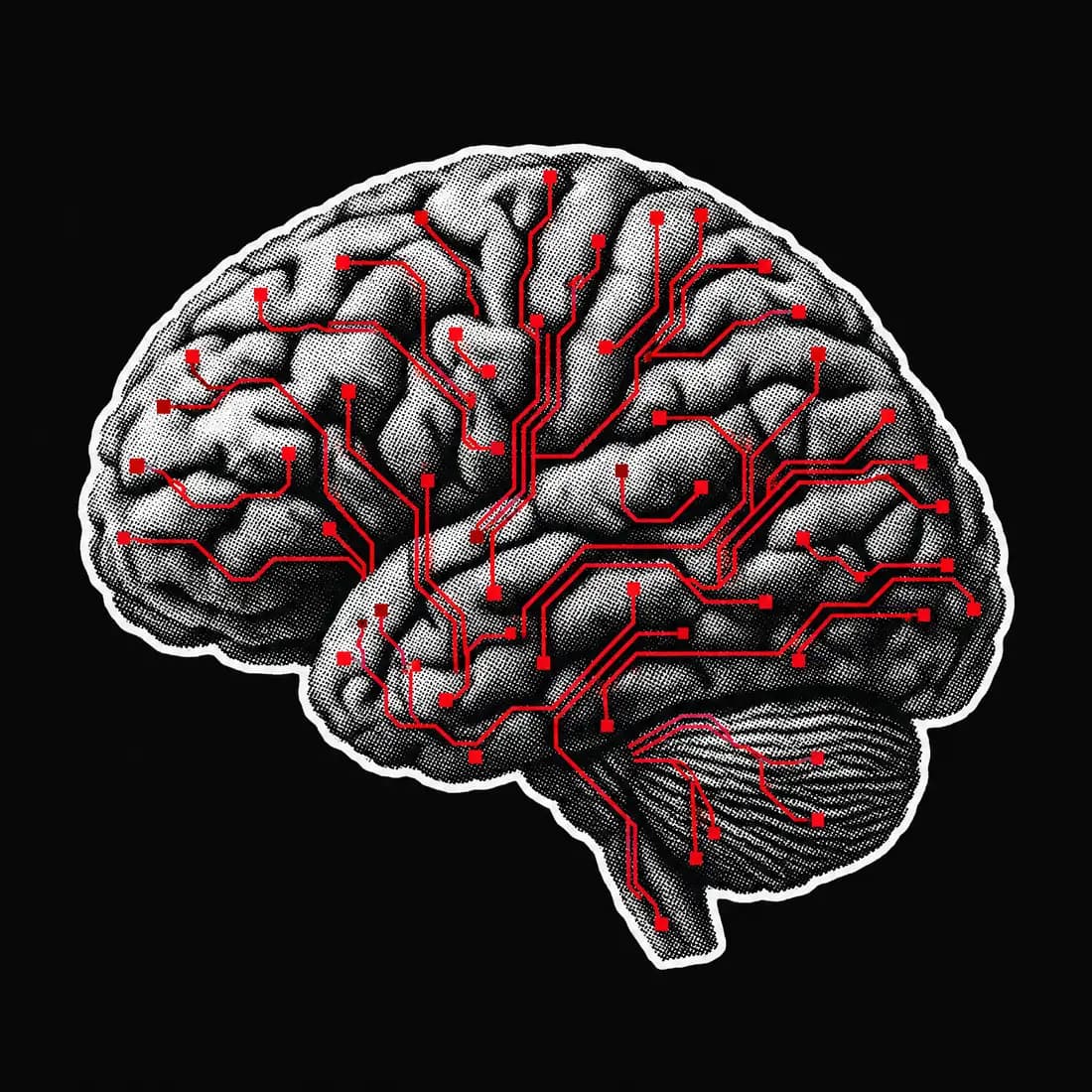 Cerebro en estilo halftone con circuitos rojos: inteligencia artificial aplicada al negocio